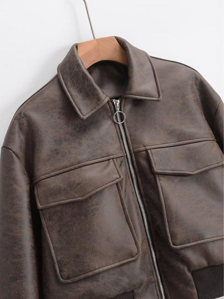 Women's 2025 Autumn Stylish Faux Leather Pilot Jacket with Large Pocket Detail