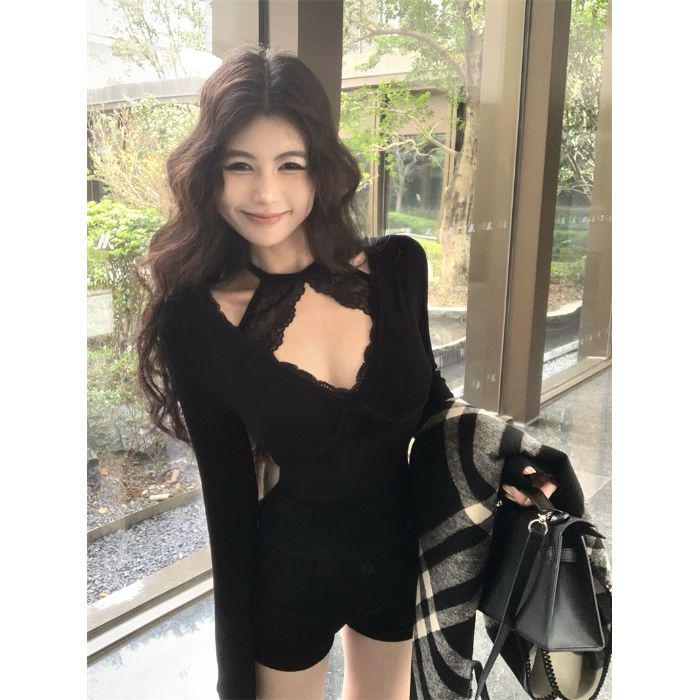 Women s Black Lace-Trim V-Neck Halter Long-Sleeve Slim-Fit Top - Autumn/Winter Fashion, Pure Desire Style Small чёрный