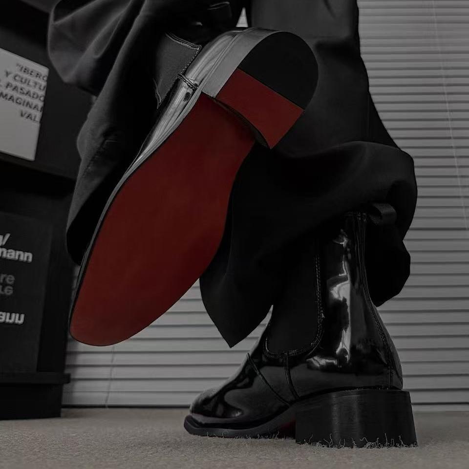 Men's Red Bottom Square Head Black Patent Leather Chelsea Boots Dress Short Leather Boots