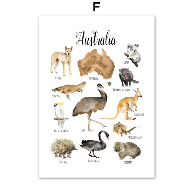 Harta Lumii Animalelor Postere și imprimeuri nordice Pește Dinozaur Artă Pânză Pictură Alfabet Număr Poze de perete Camera copiilor Decor pentru bebeluși fără cadru