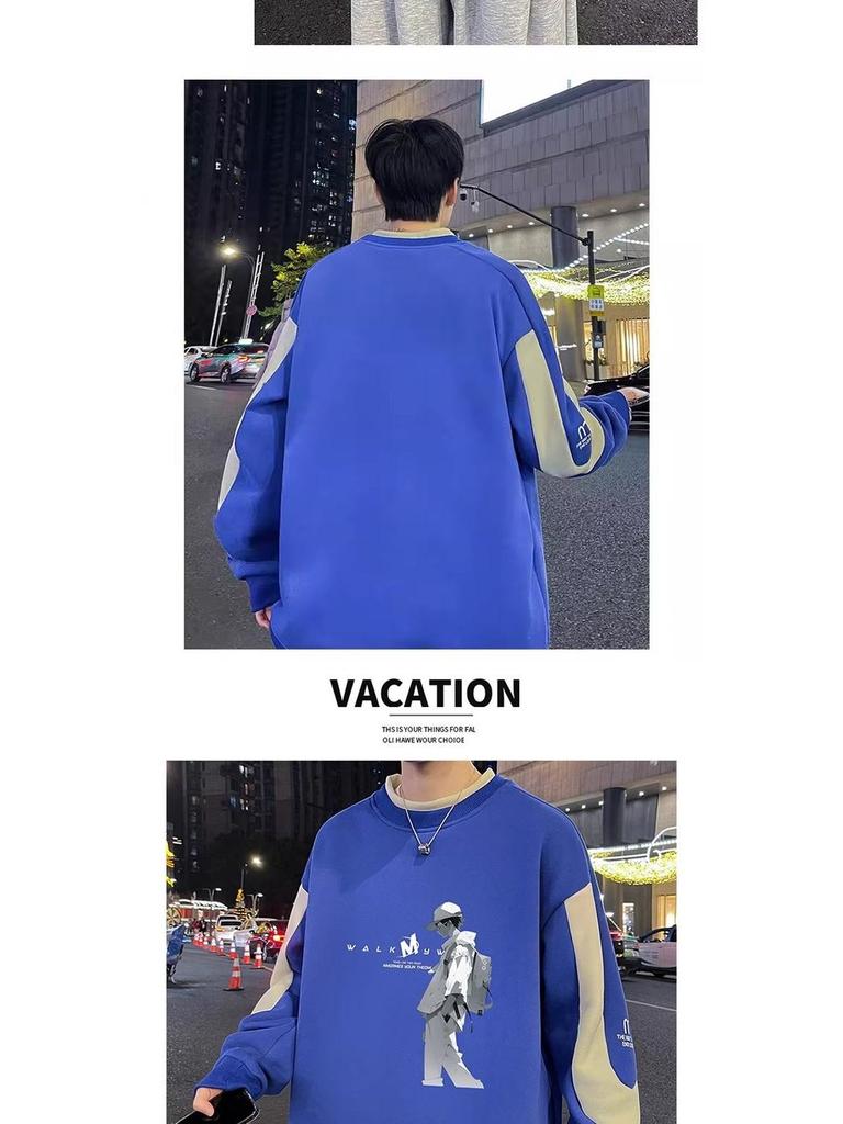 Men’s Trendy Colorblock Patchwork Hoodie – Spring/Autumn, Loose Fit, Plus Size, Round Neck, Long Sleeve Printed Top