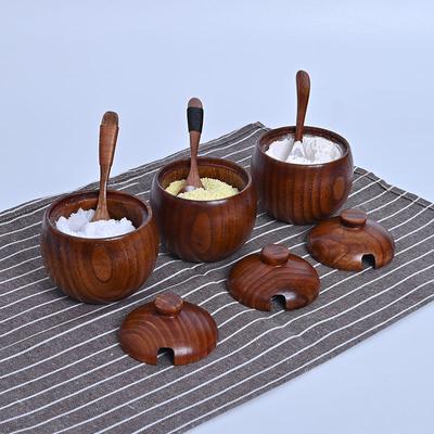 Wooden Salt Jar with Lid Solid Wood Seasoning Box Kitchen Seasoning Jar