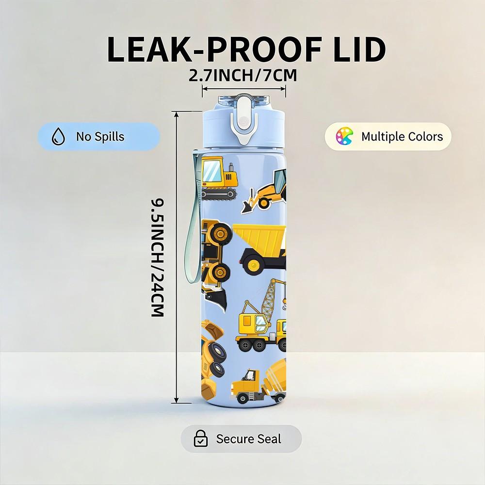 1PC Mixed Construction Truck Group Print 750ml Color Plastic Sports Water Bottle Leakproof Flip Straw Lid Suitable for Sports Office Home Use
