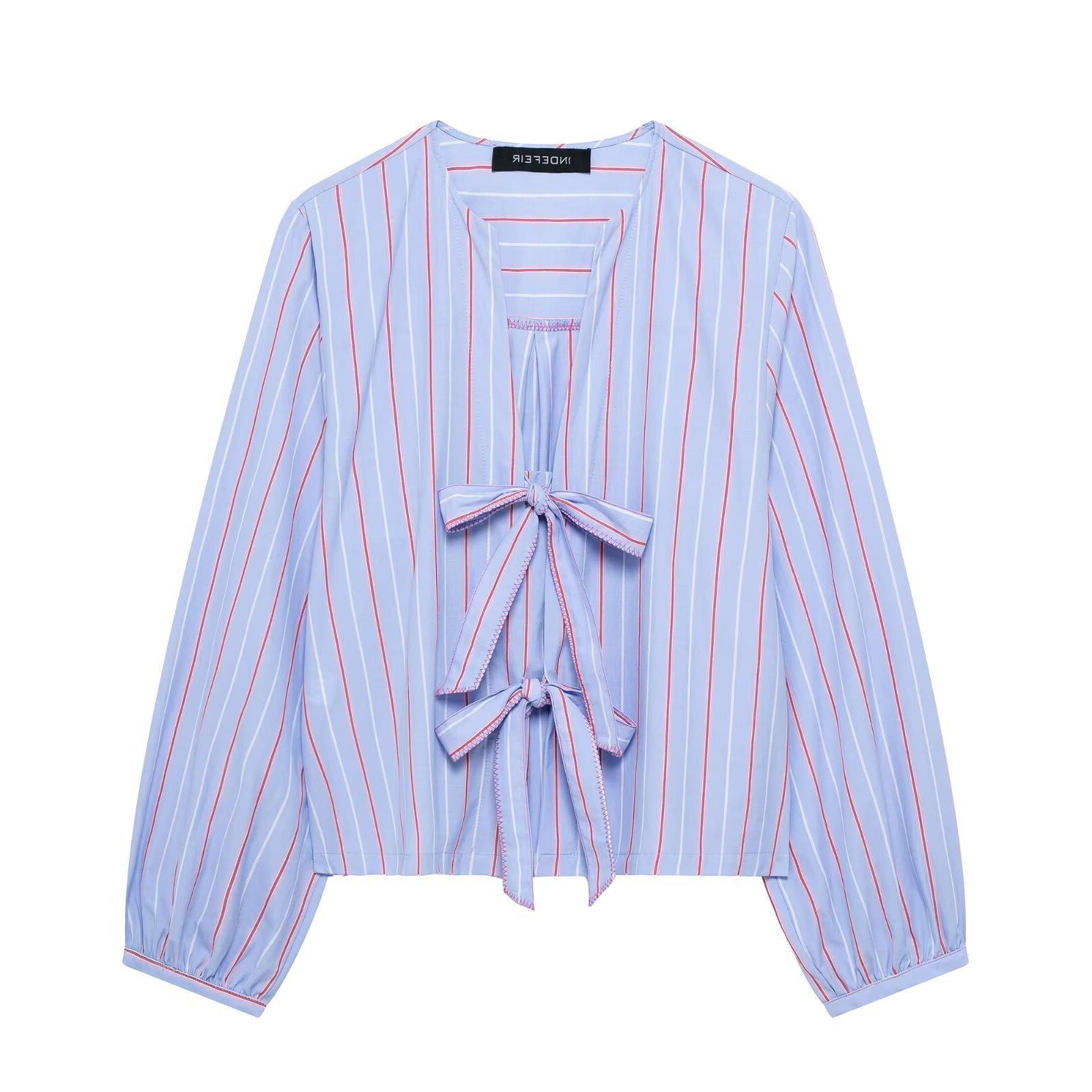 

TAOP&ZA Women s Spring/Summer Bow-Trim Striped Poplin Shirt Large