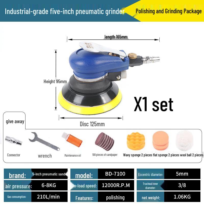 5-Inch Pneumatic Handheld Grinder & Polisher with Sandpaper & Waxing Head