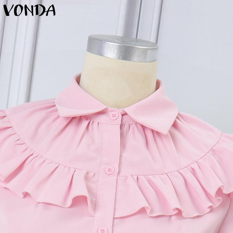 VONDA Women Elegant Lapel Ruffled Solid Color Long Sleeve Dresses