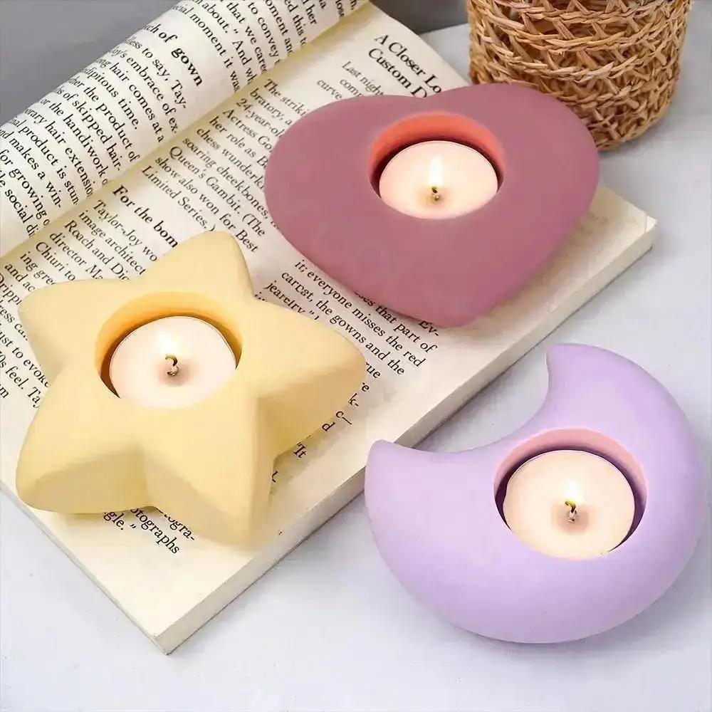 3D Candlestick Concrete Silicone Mold Star Moon Heart Shape Candle Holder Ornaments Cement Plaster Resin Craft Mould Home Decor
