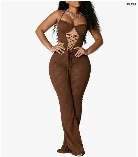 

TX105 Women s European & American Lace Jumpsuit - Sexy Lace-up Halter Top with Lace Trousers Small коричневий