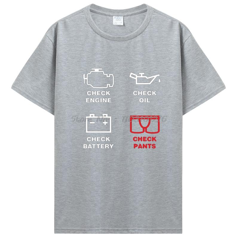 Funny Check Engine Oil Battery Pants Print T-shirt Cotton Fitness Short Sleeve O-Neck Mechanic Repair Tees Tops Men's Clothing