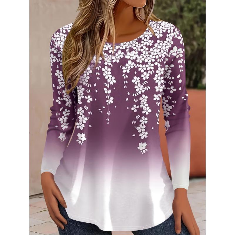 Lebendiges florales 3D-Druck-T-Shirt mit Rundhalsausschnitt und langen Ärmeln, modisches Muster, Damenkleidung, lässige Y2K-Kleidung, Harajuku, Damenkleidung
