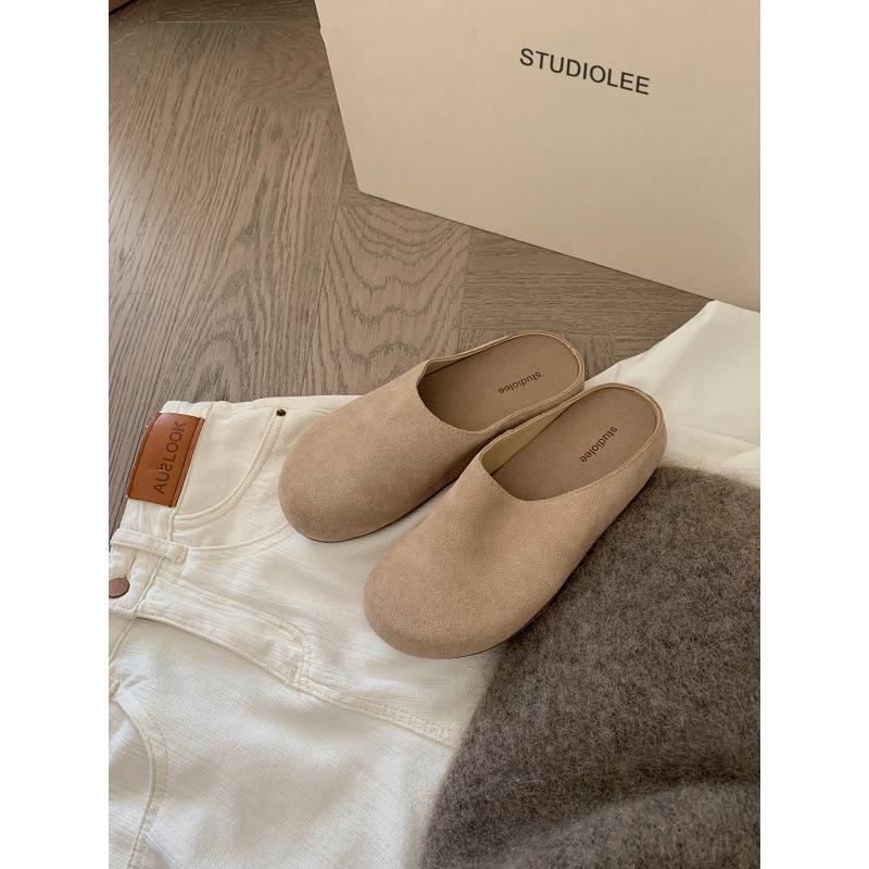 Autumn leather row wind soft face lazy one pedal thick-soled big head half slippers woman