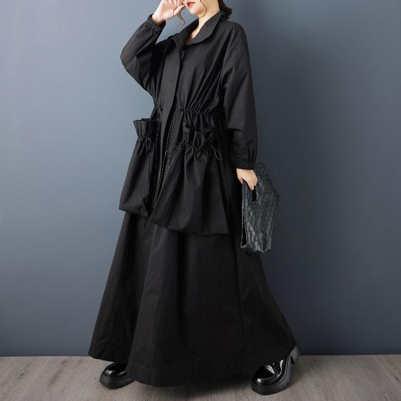 Übergroßer Vintage-Trenchcoat mit langen Ärmeln, schwarz, lässig, locker, für Herbst, Frühling, Winter, Oberbekleidung für Damen