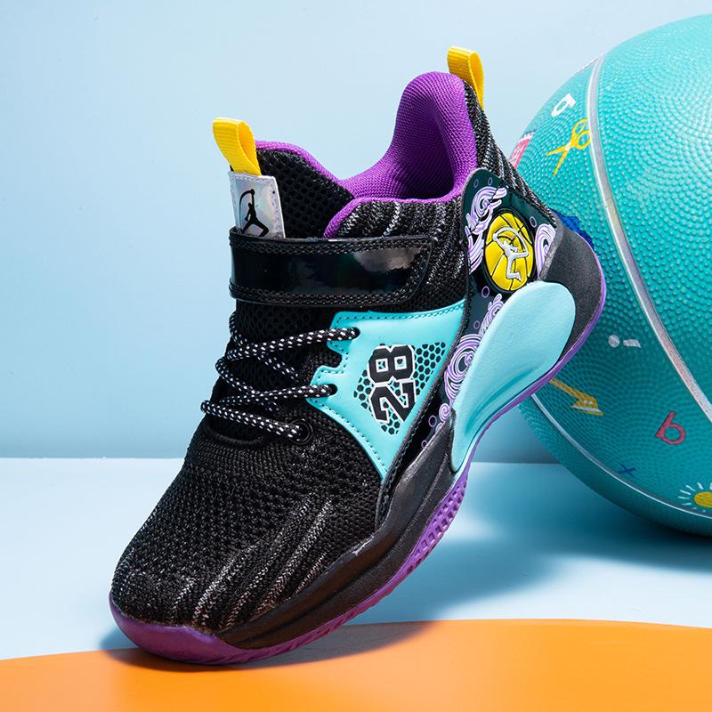 Breathable mesh boys basketball shoes 2025 spring and summer new classmates rotating button children's sneakers non-slip sneakers