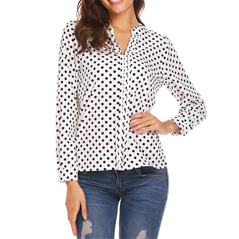 Dot Print V-neck Long Sleeved Loose Women's Blouses & Shirts