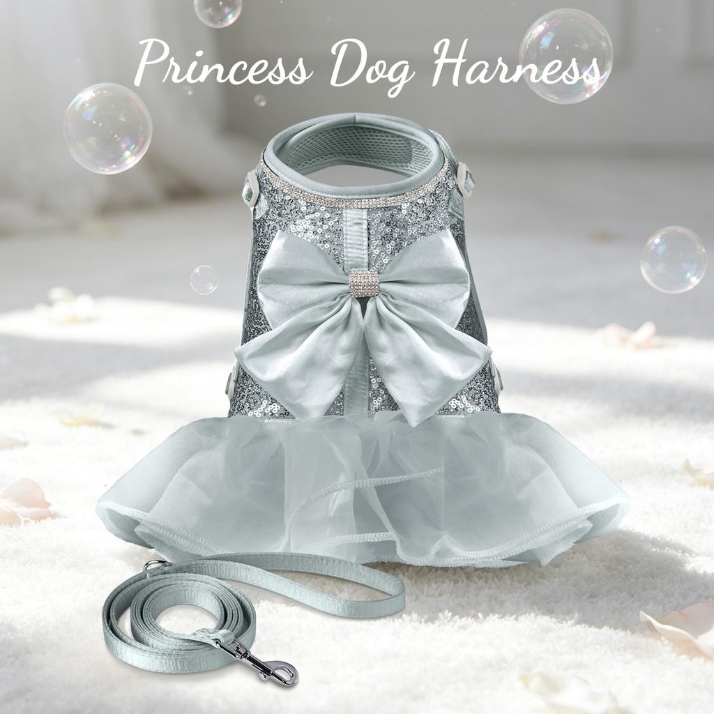 Bowknot Dog Harness Leash Set Shining Cat Puppy Birthday Dresses Pet Wedding Vest Harnesses With Lead For Small Medium Dogs Pink