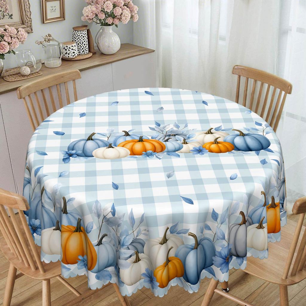 1Pc Autumn Blue Pumpkin Pattern Tablecloth - Round Polyester, Suitable For Parties, Restaurants, Coffee Tables