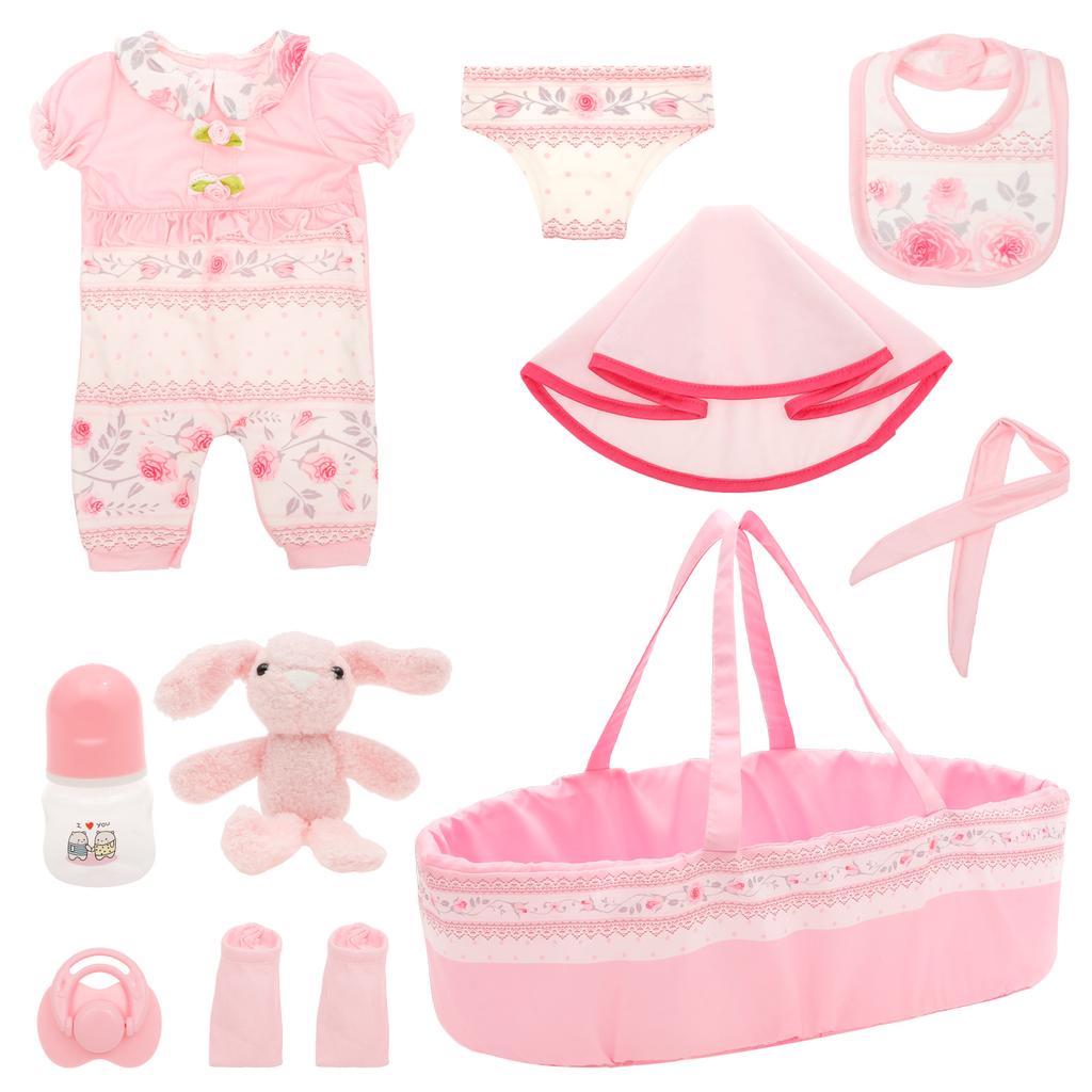 10 Pcs Doll Clothes Set Portable Baby Doll Accessories Set with Bassinet Diaper Pacifier Feeding Bottle for Children Toddler