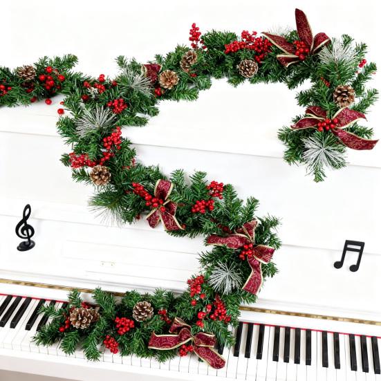 180/270CM Christmas Artificial Pine Garland with Bow Red Berries Pinecone Faux Pine Needle Rattan Mantle Fireplace Porch Hanging Decoration