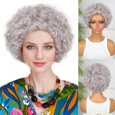 Parrucca Grigia da Donna Sintetica Naturale Taglio di Capelli a Strati Parrucca Corta Riccioluta con Frangia Signore Anziane Parrucca da Nonna Cosplay