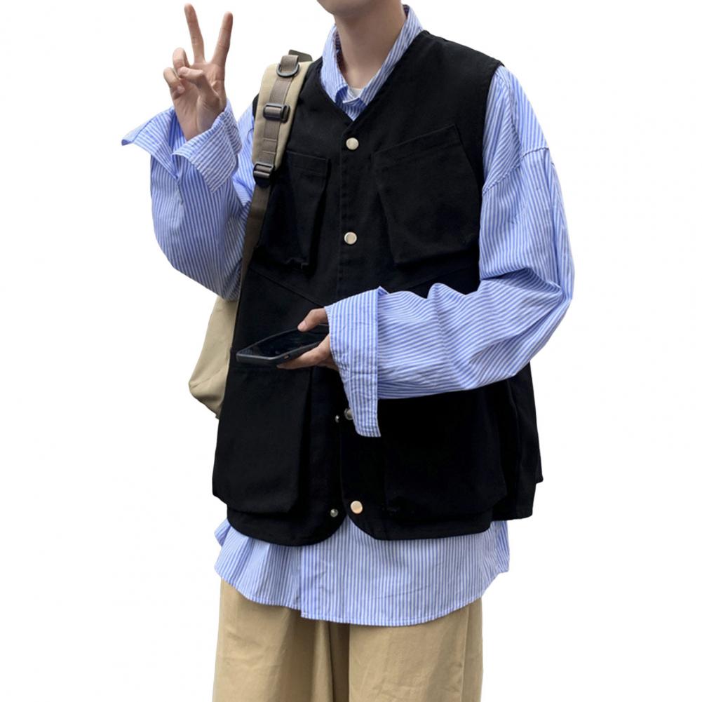 

Мужской жилет-карго без рукавов, однобортный, с несколькими карманами, однотонный спортивный жилет, уличная одежда на открытом воздухе M чёрный