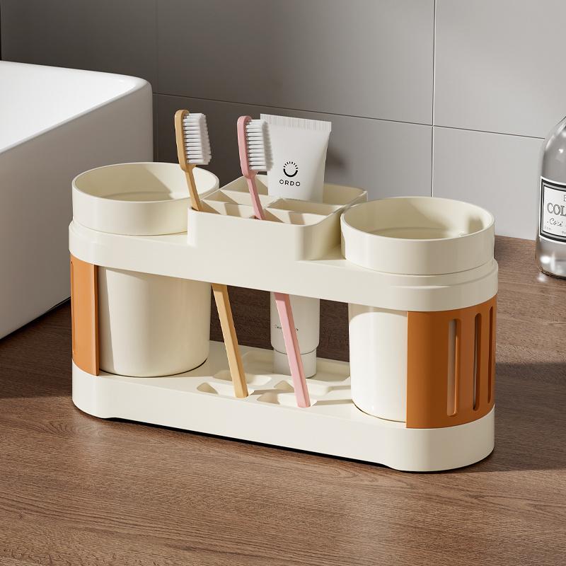 Modern Plastic Toothbrush Holder with Cups Mounted Bathroom Organizer for Couples Non-Electric Toothbrush and Mouthwash Cup Set