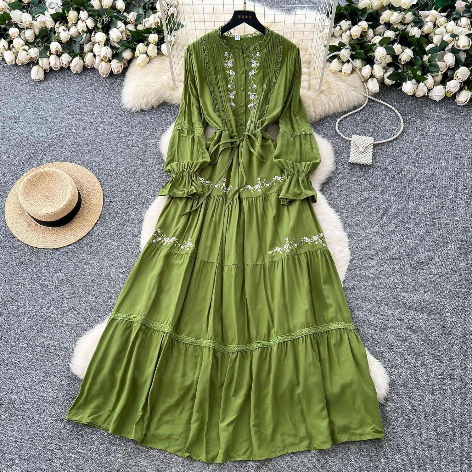 

Женское французское летнее винтажное этническое платье с кружевной вышивкой, элегантное, с длинным рукавом, свободное, повседневное, макси, вечернее платье One Size зелёный