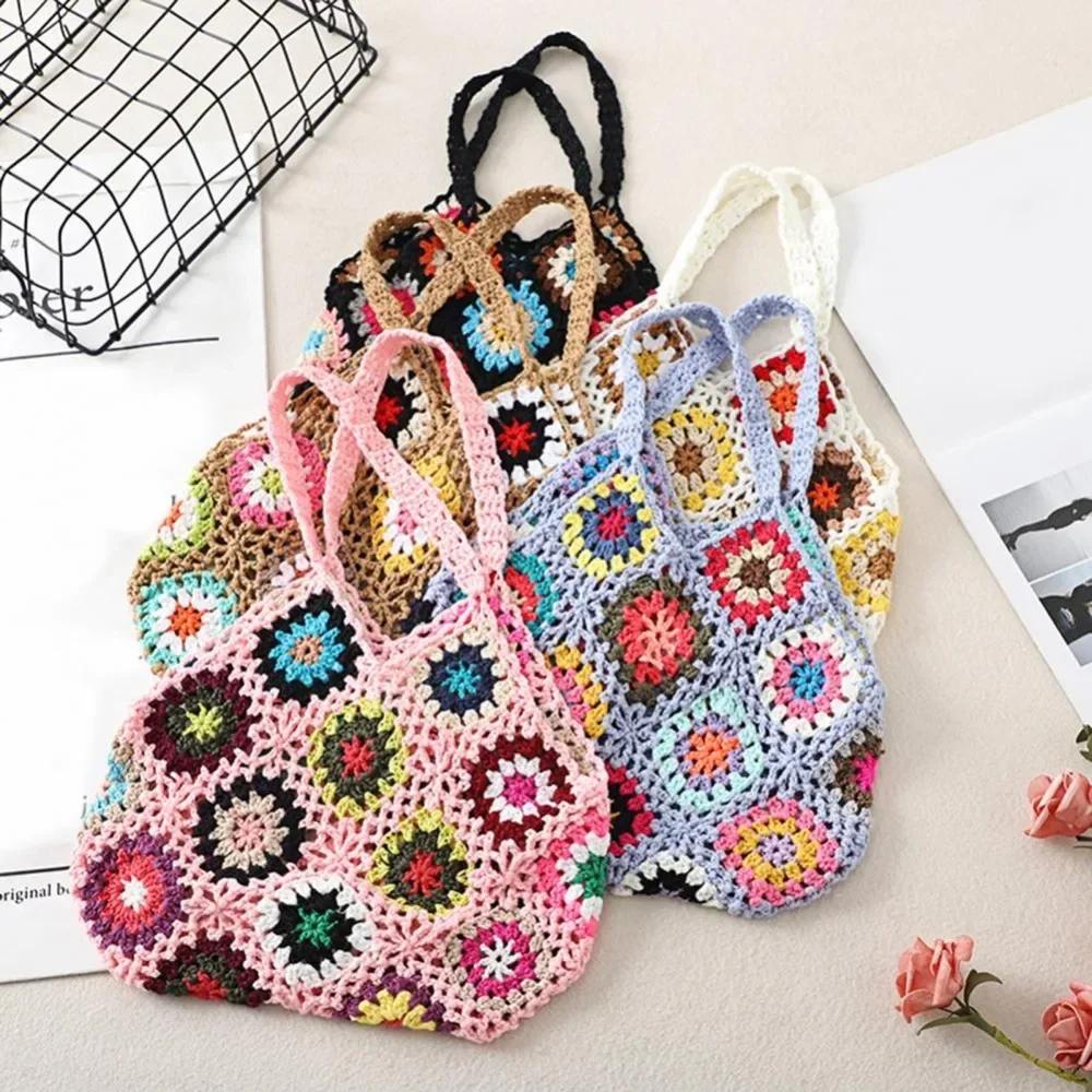 Large Capacity Cut-out Boho Tote Bag Trendy Floral Crochet Handmade Knitted Bag Vintage Multicolor Hollow Out Handbag