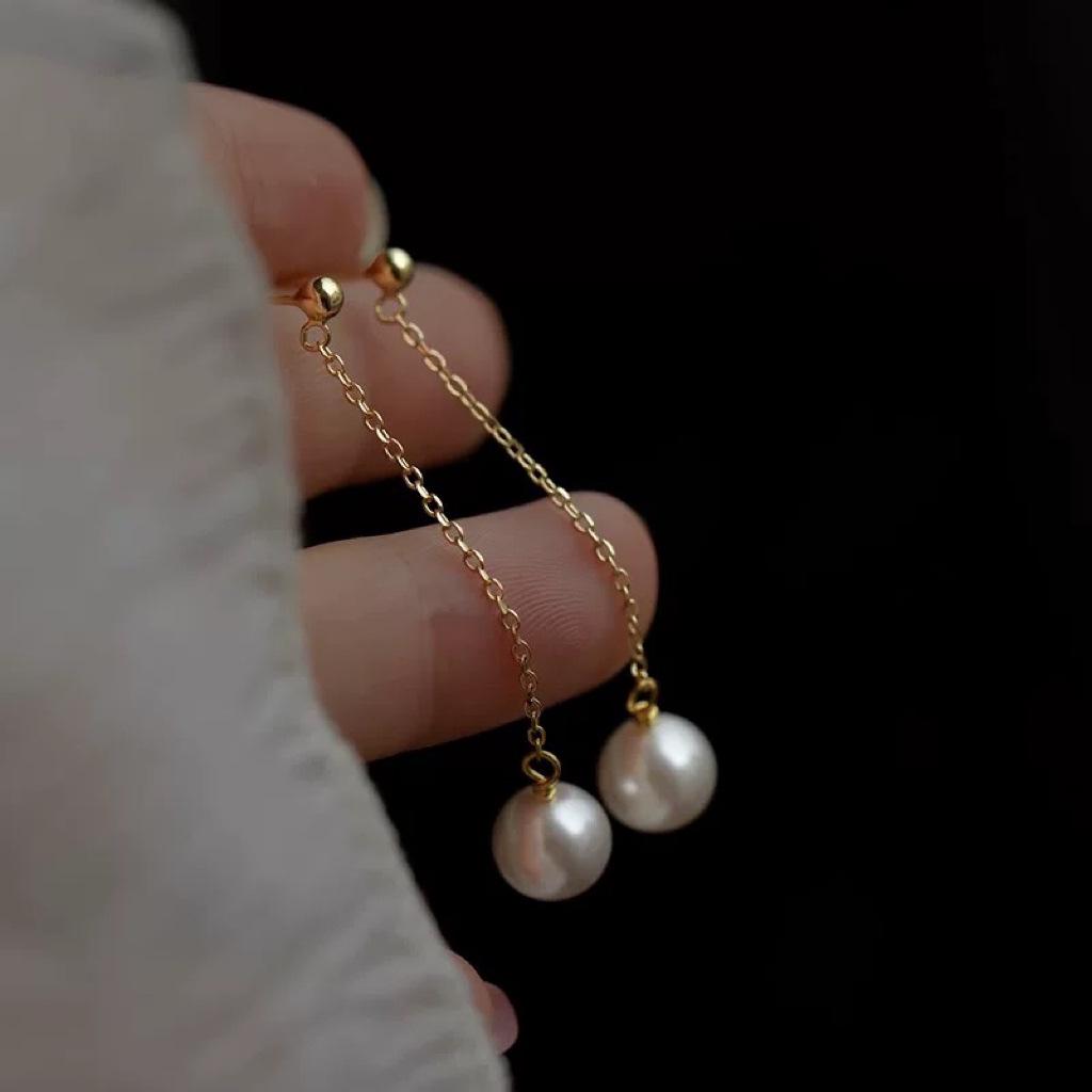 Beixi Silverware S925 Sterling Silver Women's Faux Pearl Tassel Ear Studs - High-End, Fashionable, Long Style