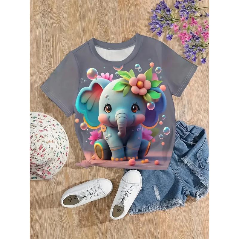 Girls' Clothing Cute Animal Elephant & Deer 3d Print Fashion Casual T-Shirts Funny Girls' T-Shirts