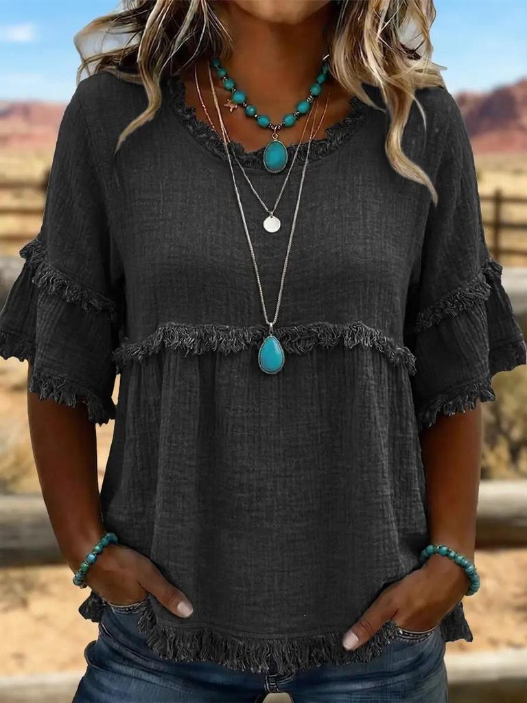 2026 European & American Loose Fit Women's Casual Short Sleeve Round Neck Pullover Top
