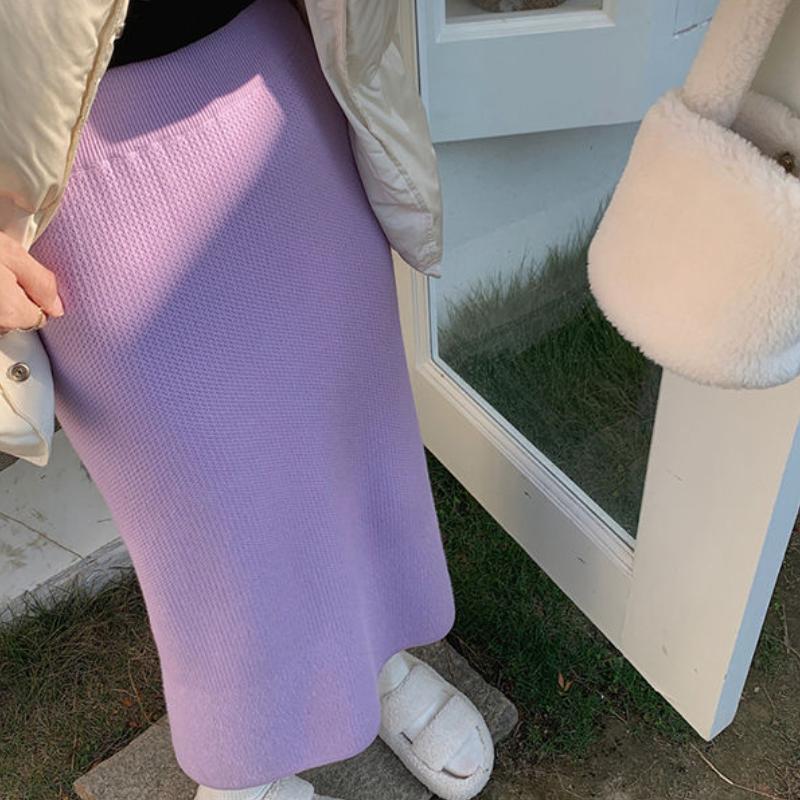 Women's Fleece-Lined Thickened Mink Fur Knitted Half Skirt Solid Color Versatile Minimalist High Waist Bodycon Pencil Straight Skirt with Split