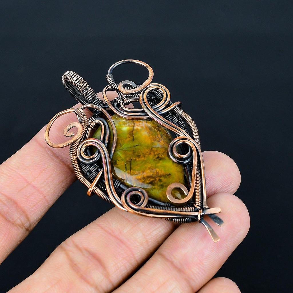 Green Opal 999 Copper Wire Wrapped Pendant, Handmade Gemstone Jewelry Pendant Gift For Birthday