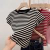Women's Round Neck Short Sleeve Tee Slim Fit Casual Top Striped Retro Color Block T-Shirt