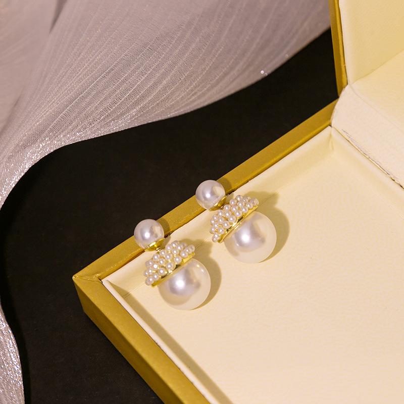 Temperament Pearl Two Earrings, Camellia Rose Bow Front And Rear Large Pearl Stud Earrings