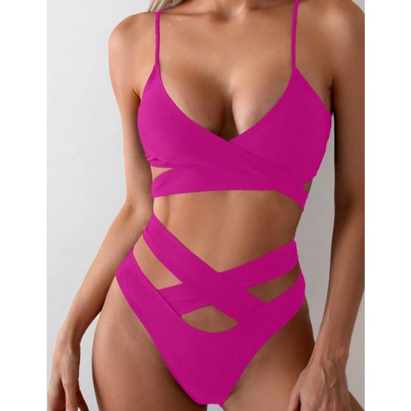 Women's Red Cut Out One Piece Swimsuit Criss Cross Straps High Cut Monokini Bathing Suit