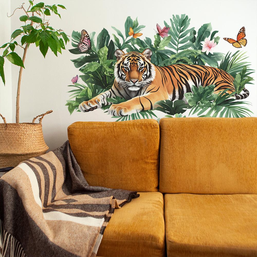 Tiger King of Jungle Wall Stickers with Lush Green Plants, Calming Wild Nature Wall Art for Bedroom and Living Room Home Decor