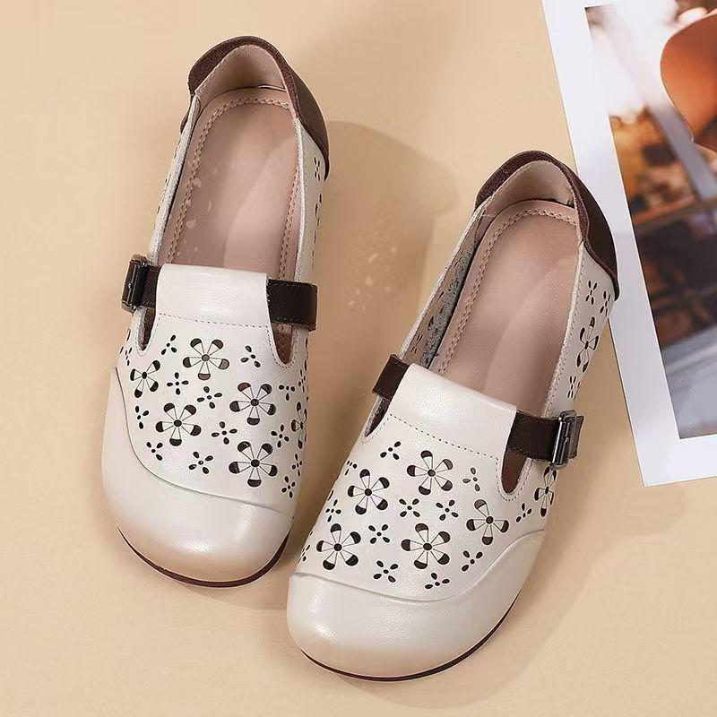 Women's Leather Baotou Hollow Out Flat Sole Sandals Summer New Soft Sole Non Slip Retro Round Toe Lightweight Slip On Cave Shoes