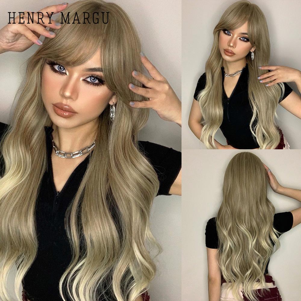 HENRY MARGU Ilgi vandens banguoti sintetiniai perukai nuo rudos iki blondinės spalvos Ombre perukai su kirpčiukais moterims vakarėliams Cosplay karščiui atsparūs perukai
