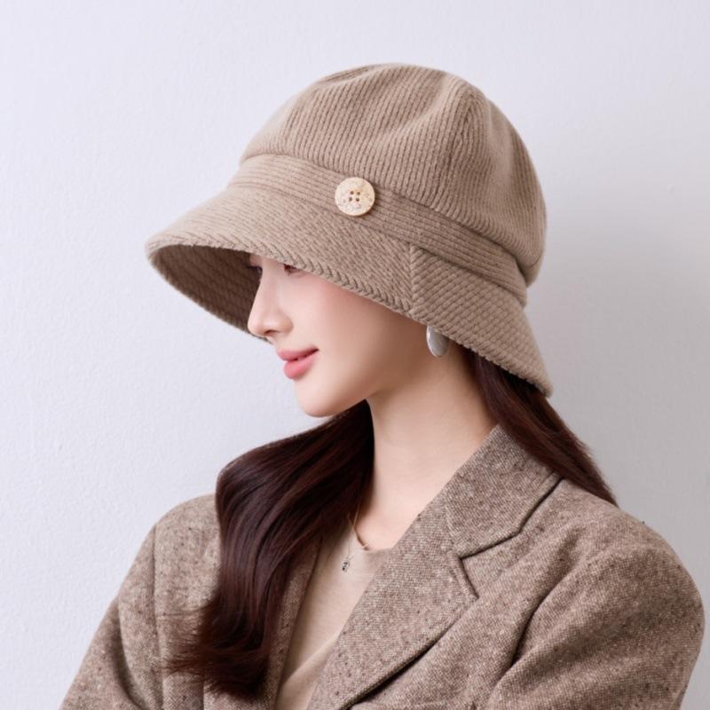 Spot fashion versatile autumn and winter retro corduroy bucket hat thickened warm face small button basin hat