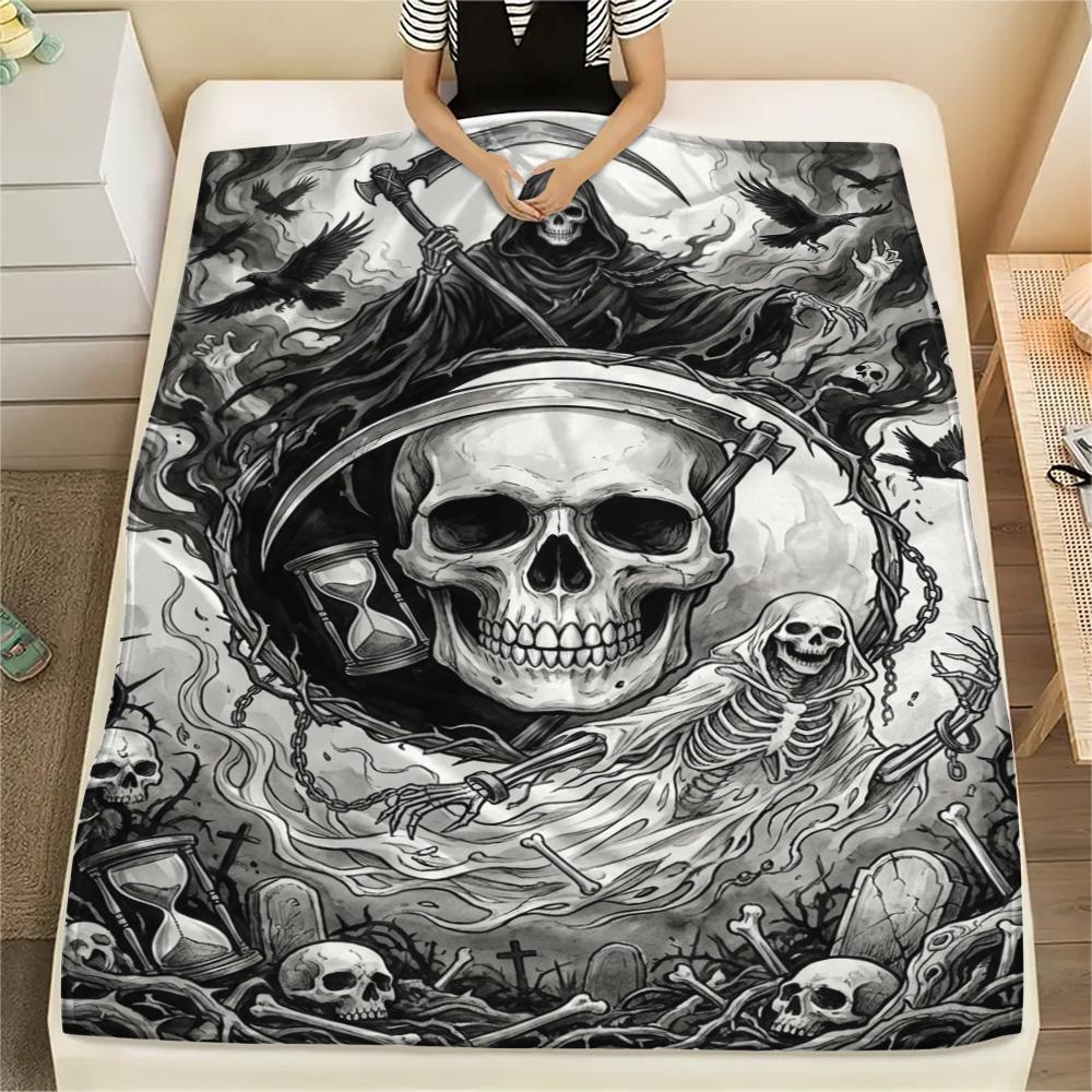 1Pc Death Print Flannel Blanket, High quality Comfortable for All Seasons, Home Decor, Warmth and Comfort, Perfect for Christmas Gifts W155