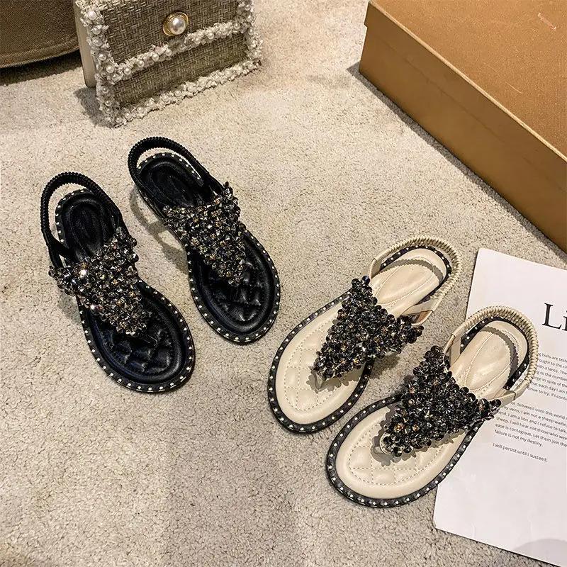 Fashion Sandals for Women Summer 2024 Rhinestones Beach Ladies Shoes Diamond Footwear Open Toe Comfort Comfortable and Elegant Vip F H