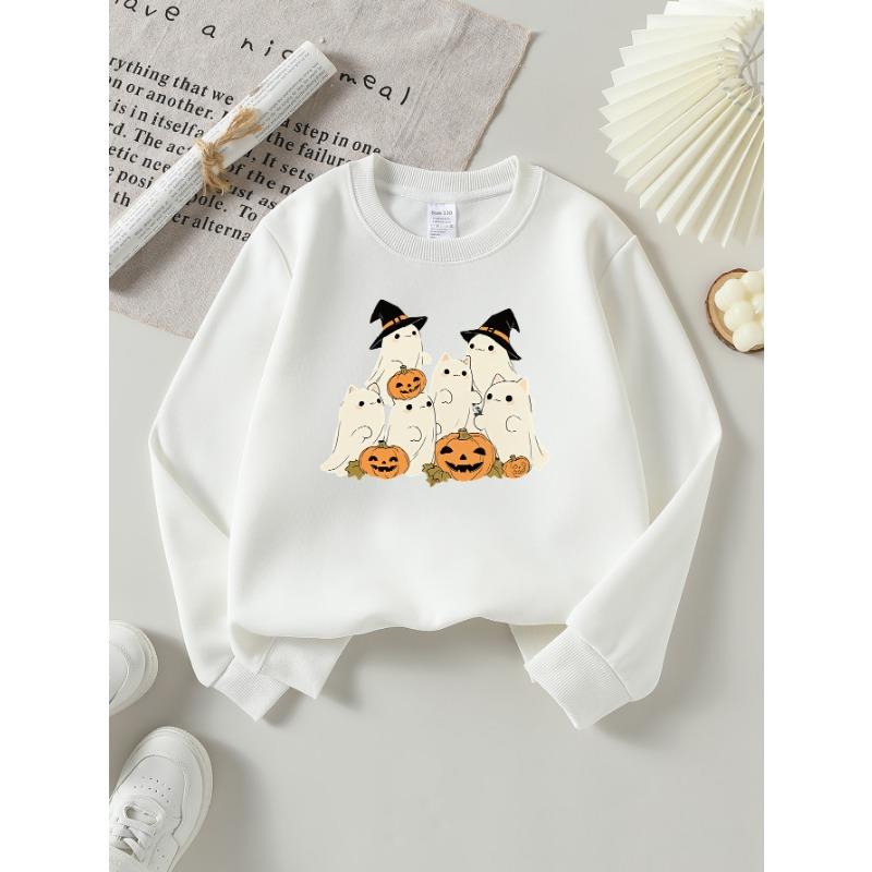 European Sizes Girls' Halloween Long-Sleeve Round-Neck Fun Print Casual Top, Kids' Autumn Clothing, for Trick-Or-Treat Parties.
