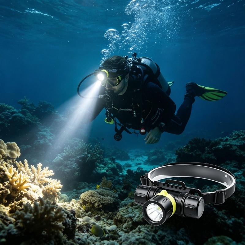 Underwater Diving Headlamp with Adjustable Head Mount, Aluminum Beam Light for Snorkeling, Night Fishing and Camping
