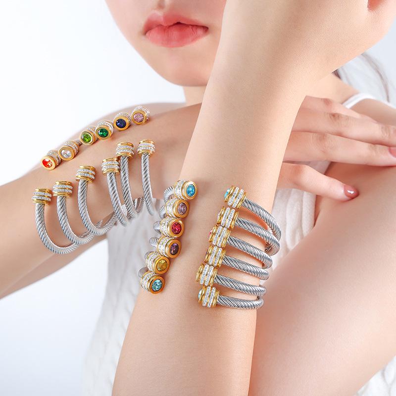 Titanium Steel Multi-Color Zirconia Open Bangle - Cross-Border Stainless Steel Hand Ornament