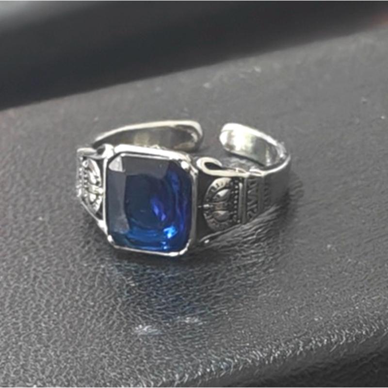 Retro Inlaid Square Blue Zircon Crown Ring Men's Single Ring Handsome Temperament Domineering Open Ring