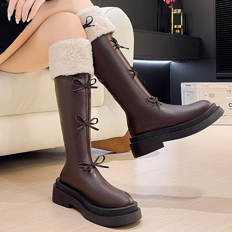 Fashion Comemore Sweet Butterfly Knot Woman's Boots Korean Style Fashion Brown High Botas Plush Thickened Winter Ladies Knee-High Boots