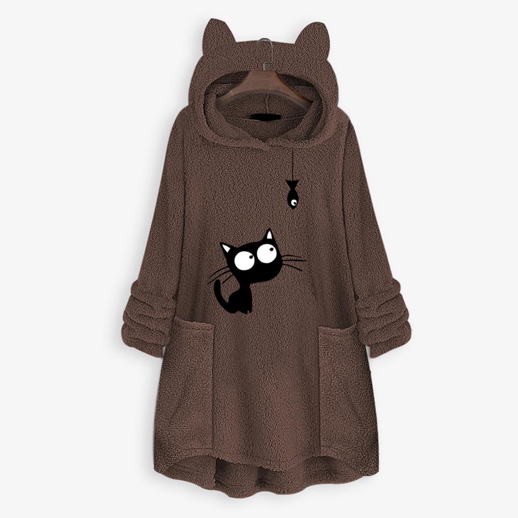 Women Fleece Embroidery Cat Ear Plus Size Hoodie Pocket Top Sweater Blouse