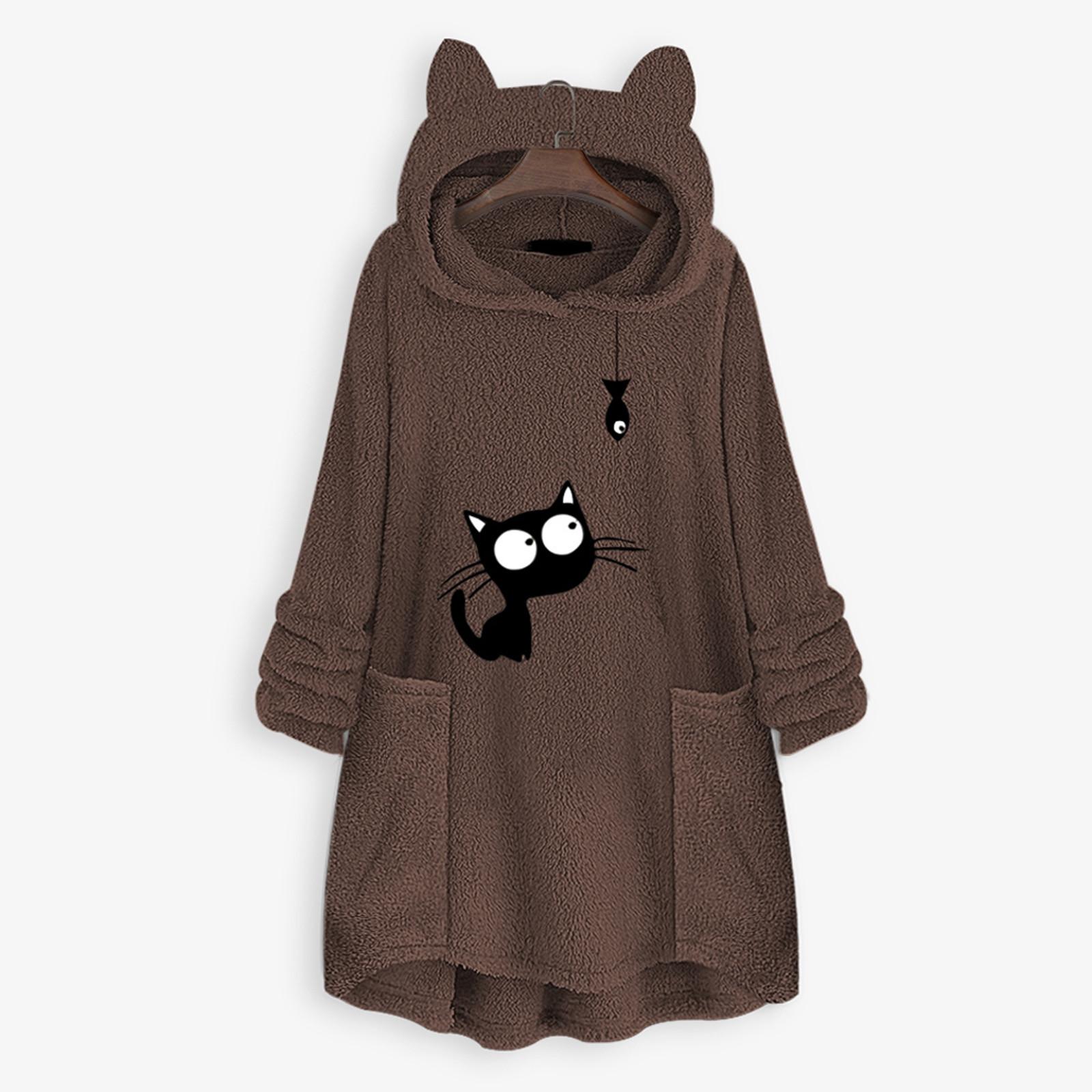 Women Fleece Embroidery Cat Ear Plus Size Hoodie Pocket Top Sweater Blouse XXXXXL коричневый 2247₽