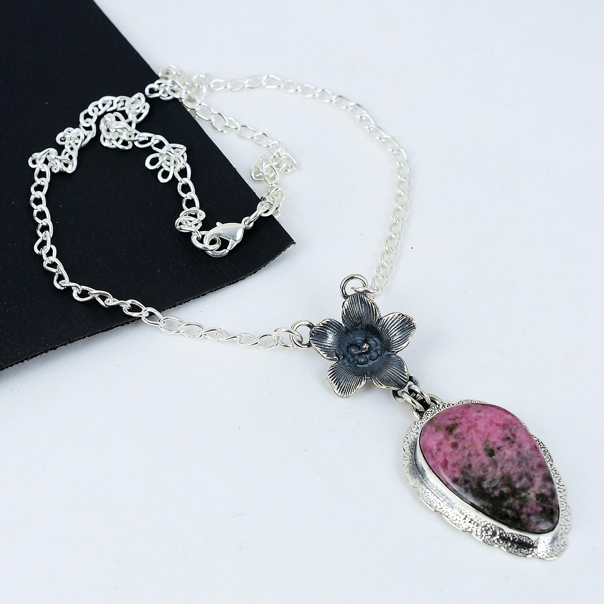 

Натуральный родонит драгоценный камень ручной работы из стерлингового серебра 925 пробы, ожерелье с цветком, родонит серебро для жены, унисекс кулон в подарок маме 20 розовый