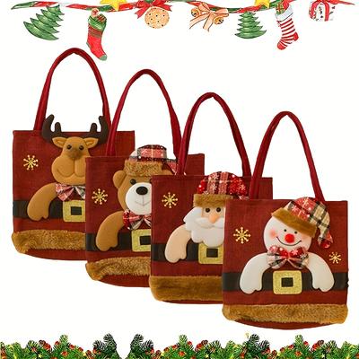 4pcs Set Christmas Plush Toy Gift Bags with Sturdy Polyester Holders - Santa, Snowman, Reindeer & Bear Design Snowflake Patterns